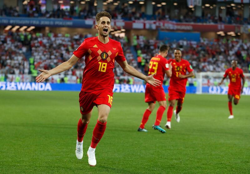 Belgium's Adnan Januzaj celebrates after scoring the opening goal during the group G match between England and Belgium at the 2018 soccer World Cup in the Kaliningrad Stadium in Kaliningrad, Russia, Thursday, June 28, 2018. (AP Photo/Alastair Grant)