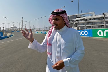 Prince Khalid bin Sultan al-Faisal, president of the Saudi Automobile and Motorcycle Federation (SAMF), speaks during an interview with AFP on November 28, 2021, at the Jeddah Corniche Circuit that is expected to host the Saudi Arabian Grand Prix in the Saudi Red Sea resort of Jeddah.  - Saudi Arabia's debut Formula One race will showcase the country to the world, its motorsports chief said, hitting back at criticism over human rights and calls for singer Justin Bieber to cancel his headline act.  (Photo by Amer HILABI  /  AFP)