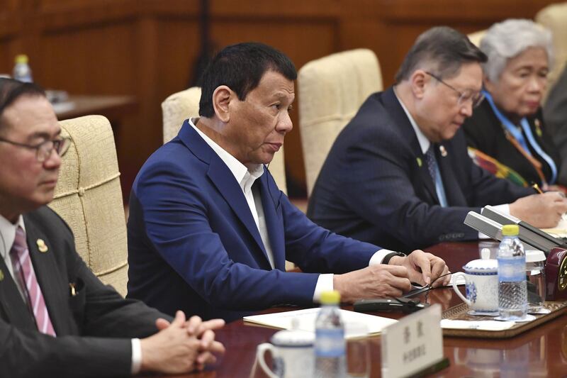 Philippine President Rodrigo Duterte speaks during a meeting with Chinese Premier Li Keqiang, not pictured, at the Diaoyutai State Guesthouse on April 25, 2019 in Beijing, China. Getty Images
