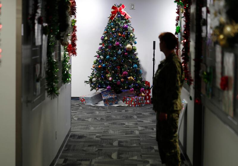A decorated tree stands in the Norad Tracks Santa Centre at Peterson Air Force Base, Monday, Dec. 23, 2019. AP