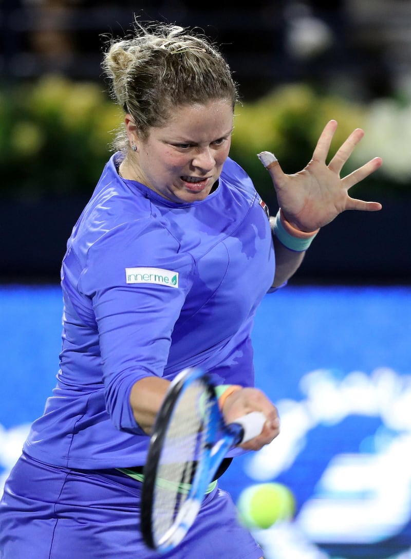 Dubai, United Arab Emirates - Reporter: John McAuley: Kim Clijsters plays a shot in the game between Kim Clijsters and Garbi–e Muguruza in the Dubai Duty Free Tennis Championship. Monday, February 17th, 2020. Dubai Duty Free Tennis stadium, Dubai. Chris Whiteoak / The National