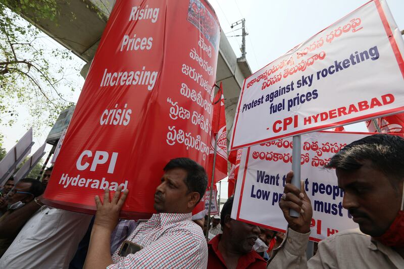 Communist Party of India supporters protest in Hyderabad against rising inflation and the higher cost of fuel and other essential commodities. AP