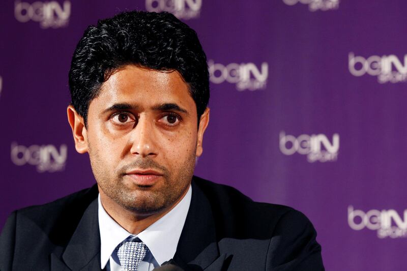 FILE PHOTO: Nasser Al-Khelaifi (L), Paris St Germain's club owner and owner of Qatari TV channel Al Jazeera Sport, President of beIN Sport French TV channel, attends a news conference in Paris May 24, 2012. Picture taken May 24, 2012.     REUTERS/Jacky Naegelen/File Photo