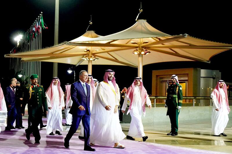 Iraq's Prime Minister Mustafa Al Kadhimi with Crown Prince Mohammed. AFP