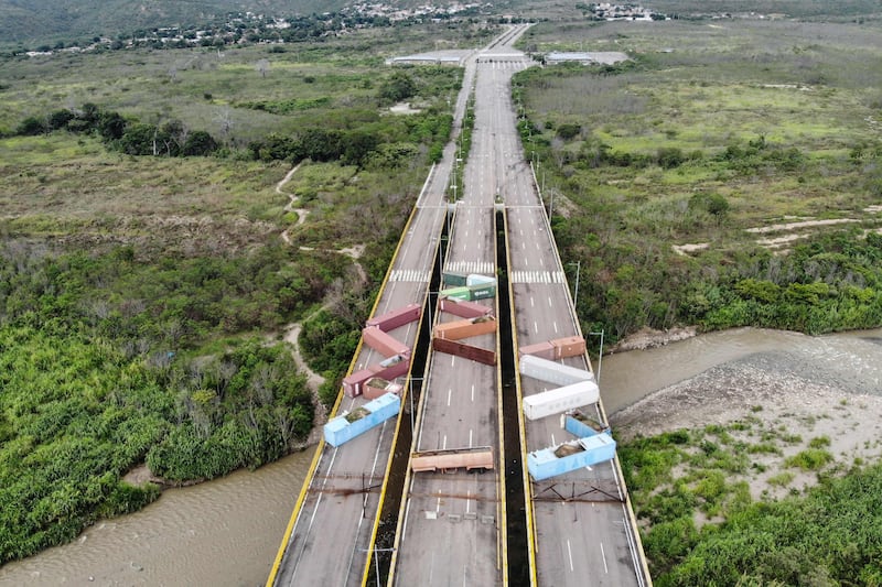 Containers block the Tienditas International Bridge at the border between Colombia and Venezuela in Cucuta, Colombia. AFP