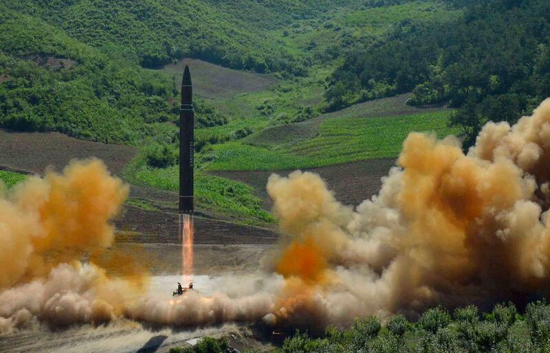 This July 4, 2017, file photo, distributed by the North Korean government shows what was said to be the launch of a Hwasong-14 intercontinental ballistic missile in North Korea. Hawaii is the first state to prepare the public for the possibility of a ballistic missile threat from North Korea. North Koreaâ€™s announcement that it is finalizing a plan to launch four ballistic missiles over Japan toward the island of Guam has touched off a series of fiery threats from President Donald Trump and upped tensions between Pyongyang and Washington to a whole new level. (Korean Central News Agency/Korea News Service via AP, File)