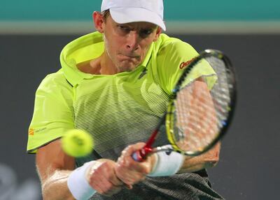 South Africa's Kevin Anderson returns the ball to Spain's Roberto Bautista Agut at the final match of the Mubadala World Tennis Championship in Abu Dhabi, United Arab Emirates, Saturday, Dec. 30, 2017. (AP Photo/Kamran Jebreili)