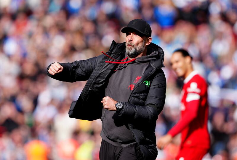 Liverpool manager Jurgen Klopp celebrates their victory over Brighton at Anfield. PA
