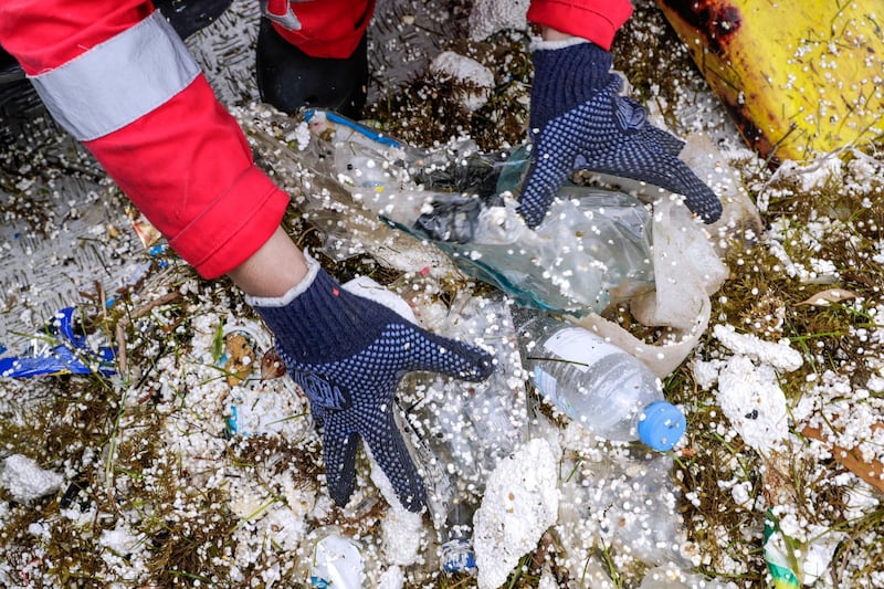 Abu Dhabi, United Arab Emirates, April 2, 2019.  Aubu Dhabi Ports trip on a ship that collects tons of floating sea debris.--  Styrofoam and assorted plastics scooped by the port patrol.
Victor Besa/The National
Section:  NA
Reporter:  John Dennehy