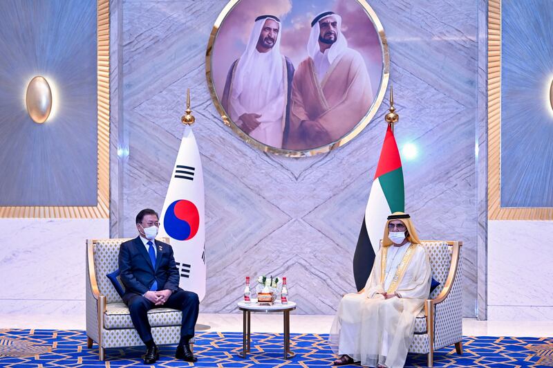 Sheikh Mohammed bin Rashid, Vice President and Ruler of Dubai, meets South Korean President Moon Jae-in at Expo 2020 Dubai. Dubai Media Office