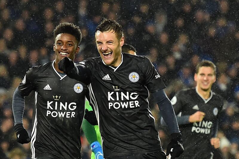 Leicester City's Jamie Vardy celebrates as the Foxes beat Brighton 2-0. AFP