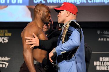 Kamaru Usman and Colby Covington face off ahead of their UFC fight on Saturday in Las Vegas. Getty