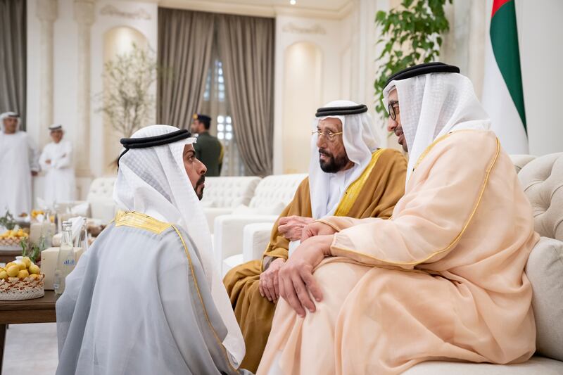 Sheikh Abdullah bin Zayed, Minister of Foreign Affairs, with Sheikh Tahnoon and Sheikh Khalifa bin Tahnoon at an Eid Al Fitr reception in Mushrif Palace. UAE Presidential Court 