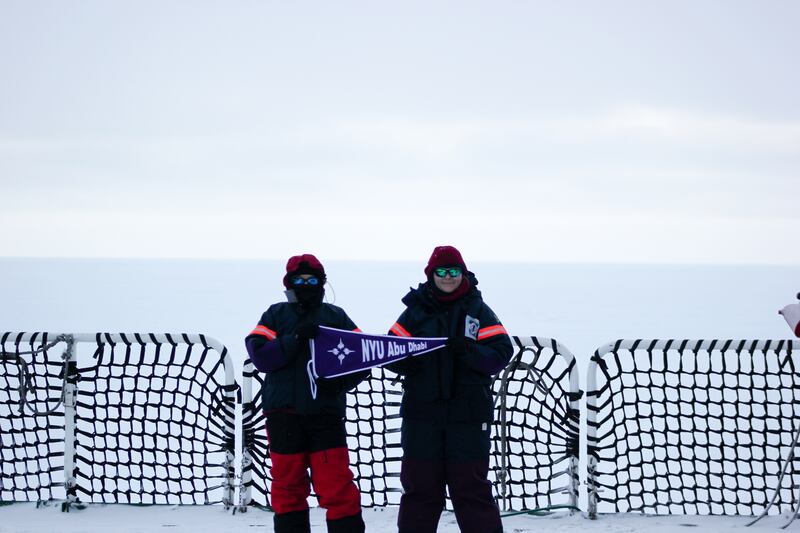 Clare Eayrs and Daiane Faller from NYUAD get ready to deploy onto the sea ice on a chilly spring morning in 2019.