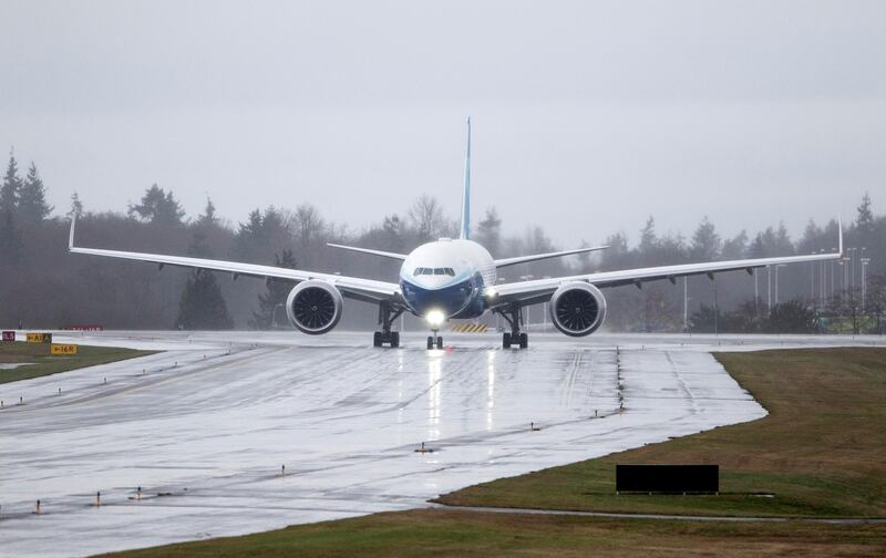The Boeing 777X airplane taxis during an attempted first test flight from the company's plant in Everett, Washington on  Friday, January 24, 2020. The test flight was postponed for a second day in a row due to the weather. Reuters