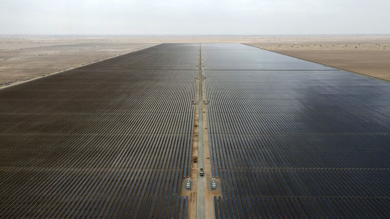 Aerial view of Phase 5 of the Mohammed bin Rashid Al Maktoum Solar Park in Dubai. Pawan Singh / The National