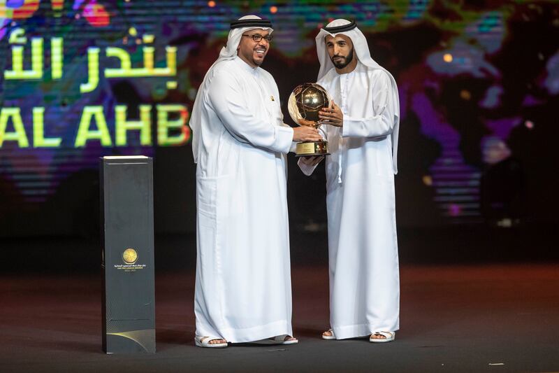 Al Ain star Bandar Al Ahbabi, right, was named the best Emirati player for the 2021/22 season at the UAE Pro League Awards Ceremony at Emirates Palace. Antonie Robertson/The National
