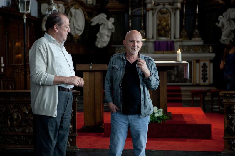 Josse De Pauw, left, and Dominique Deruddere on the set of Flying Home. Courtesy Dominique Deruddere