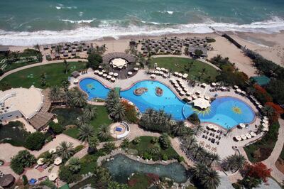 FUJAIRAH, UNITED ARAB EMIRATES - JUNE 2:  A overview of the pool area at Le Meridien Al Aqah Beach Resort in Fujairah on June 2, 2010.  (Randi Sokoloff / The National)  For Business story by Armina/Rebecca and/or stock
