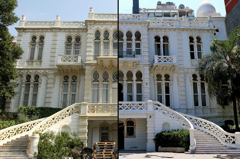 (Left) Photo of the Nicolas Sursock Museum, once a private home built in 1912, in Lebanon's capital Beirut, on June 27, 2008; (Right) The damaged facade and broken glass windows in the aftermath of port blast in 2020. AFP