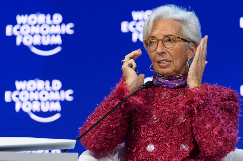 Christine Lagarde, Managing Director, International Monetary Fund IMF addresses a plenary session in the Congress Hall the last day of the 48th Annual Meeting of the World Economic Forum, WEF, in Davos, Switzerland, Friday, Jan. 26, 2018. (Laurent Gillieron/Keystone via AP)