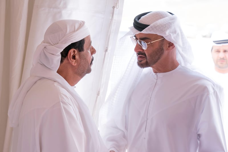 DAFTA, RAS AL KHAIMAH, UNITED ARAB EMIRATES - September 14, 2017 : HH Sheikh Mohamed bin Zayed Al Nahyan, Crown Prince of Abu Dhabi and Deputy Supreme Commander of the UAE Armed Forces (R), offers condolences to father of martyr Sultan Al Naqbi who passed away while serving with the UAE Armed Forces in Yemen.

( Hamad Al Kaabi / Crown Prince Court - Abu Dhabi )
���
