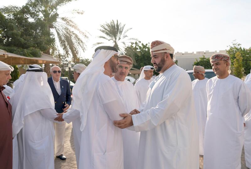 MUSCAT, OMAN - December 12, 2019: HH Sheikh Mohamed bin Zayed Al Nahyan, Crown Prince of Abu Dhabi and Deputy Supreme Commander of the UAE Armed Forces (L), offers condolences on the death of Muhammad Abdullah bin Ali Al Araimi. 

( Mohamed Al Hammadi / Ministry of Presidential Affairs )
---