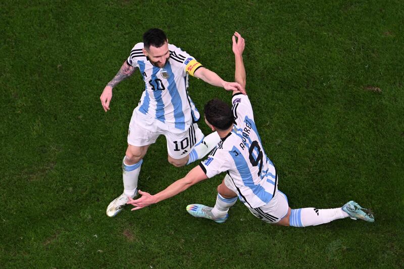 Lionel Messi - 10. Scored the penalty that put Argentina ahead. Supporting role in the second. Evaded defenders to make a super run on goal on 57 to almost make it three. Equalled Lothar Matthaus’s World Cup appearance record. Sensational for the third, winning ball on halfway line, beating his men and setting up Alvarez. Genius. AFP