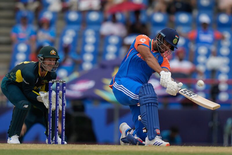 India's Shivam Dube hits a six on his way to 28 off 22 balls. AP