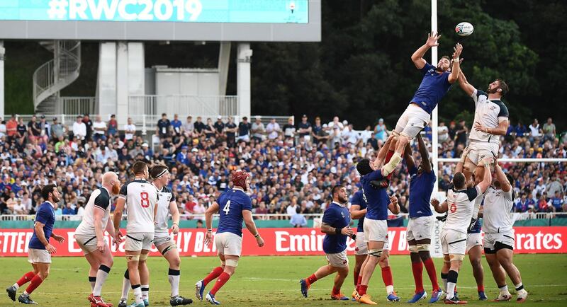 France's lock Paul Gabrillagues (2R) and US lock Nick Civetta (R) jump for the ball in a line out  during the Japan 2019 Rugby World Cup Pool C match between France and the United States at the Fukuoka Hakatanomori Stadium in Fukuoka. AFP