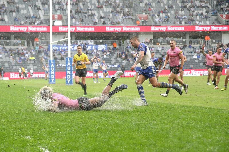 Penrith Panthers' Viliame Kikau scores as try during the NRL match against Canterbury Bulldogs at Bankwest Stadium in Sydney on Saturday, March 20. Getty