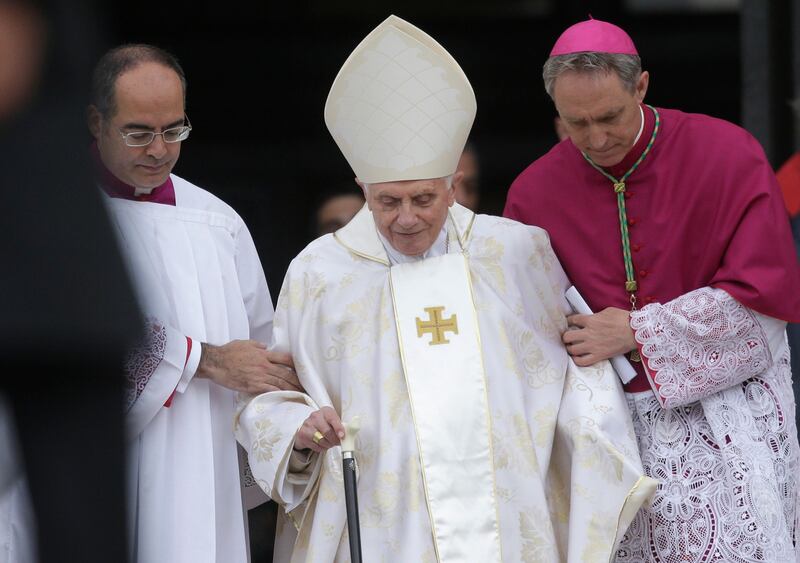 The former pope arrives for the canonisation ceremony of popes John XXIII and John Paul II at the Vatican, April 27, 2014. Reuters