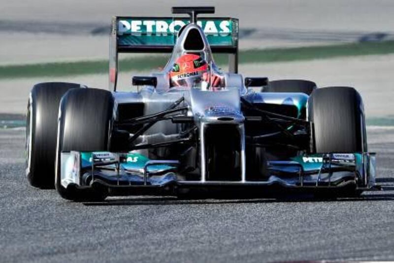 Michael Schumacher drives during a training session at Catalunya’s racetrack in Montmelo, near Barcelona, yesterday. The German is one of six world champions preparing for the 2012 season.