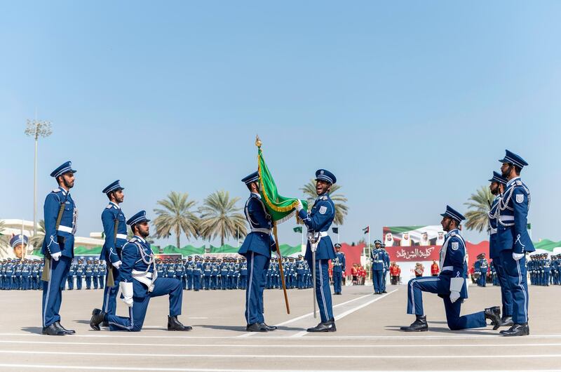 Sheikh Saif bin Zayed, Deputy Prime Minister and Minister of Interior, attends a graduation ceremony at Abu Dhabi Police College on Sunday. The group of men and women included 18 graduates from Saudi Arabia, five from Bahrain, two from Jordan and one from Comoros. Wam