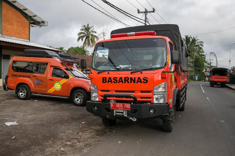 Search and rescue vehicles on standby at an emergency shelter in Karangasem, Bali, Indonesia. Made Nagi / EPA