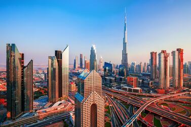 RYP3WE Amazing Dubai city center at sunrise, Dubai, United Arab Emirates. Alamy