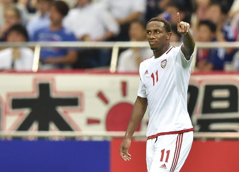 UAE striker Ahmed Khalil shown during their win over Japan in World Cup qualifying earlier this month. Kazuhiro Nogi / AFP