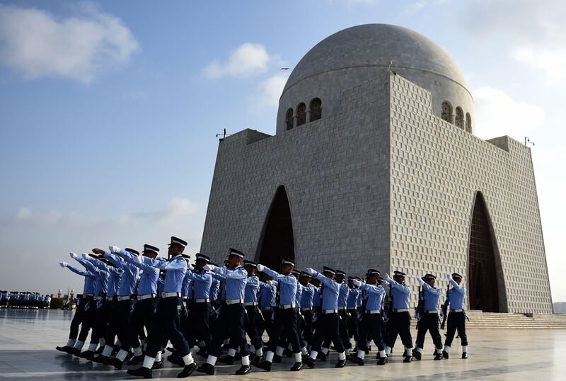 Pakistan Air Force cadets march next to the mausoleum of the country's founder Mohammad Ali Jinnah to mark the country's Defence Day in Karachi. AFP Photo / Rizwan Tabassum