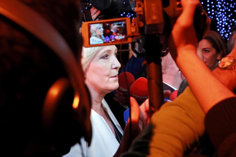 Far-right National Rally party leader Marine Le Penn speaks to media in Paris, France. EPA