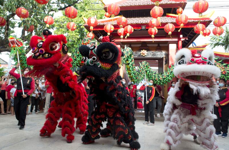 Lion dancers perform at a temple in Bali, Indonesia. AP