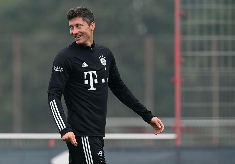 Robert Lewandowski arrives for the training session on Friday. AFP