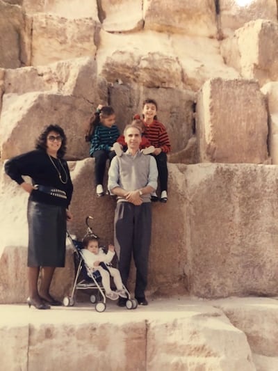 A young Rana with her father, Ayman, mother, Randa, younger sisters Rasha and Rula, and cousin Sarah on a visit to the Egyptian pyramids. Photo: Rana el Kaliouby
