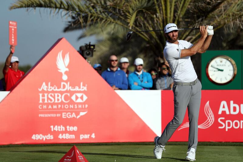 Abu Dhabi, United Arab Emirates - January 18th, 2018: Golfer Dustin Johnson in action at the Abu Dhabi HSBC Championship. Thursday, January 18th, 2018 at Abu Dhabi Golf Club, Abu Dhabi. Chris Whiteoak / The National