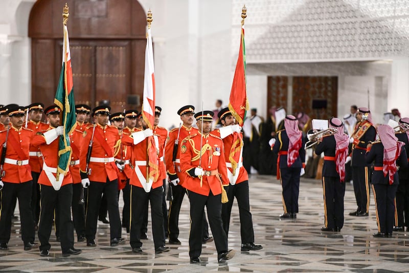 The welcome ceremony in the courtyard of Sakhir Royal Palace. Khushnum Bhandari / The National