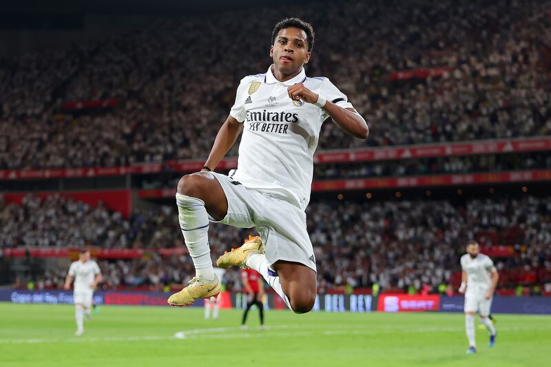 Rodrygo celebrates after scoring Real Madrid's second goal during the Copa del Rey final. Getty