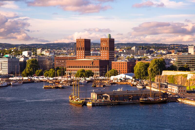Oslo City Hall and the waterfront seen in the Norwegian capital. Norway was first on the list.
