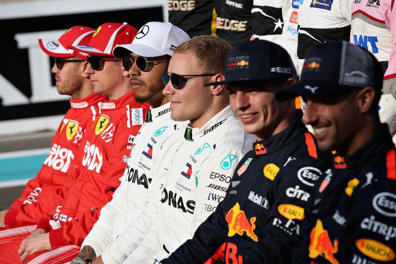 Lewis Hamilton of Great Britain and Mercedes GP and Valtteri Bottas of Finland and Mercedes GP are seen at the Class of 2018 F1 Drivers photo before the Abu Dhabi Formula One Grand Prix at Yas Marina Circuit. Getty