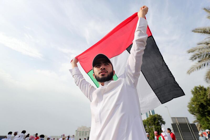 Abu Dhabi, United Arab Emirates - January 29, 2019: UAE fans before the semi final between the UAE and Qatar in the Asian Cup 2019. Tuesday, January 29th, 2019 at Mohamed Bin Zayed Stadium Stadium, Abu Dhabi. Chris Whiteoak/The National