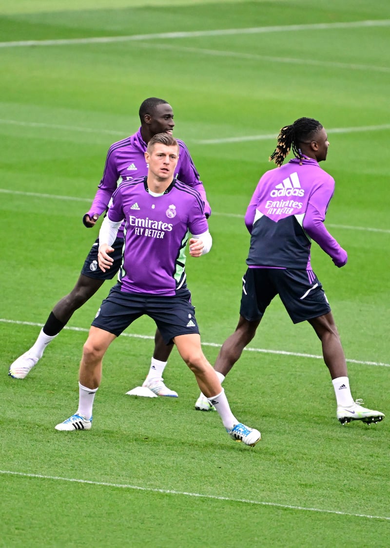 Real Madrid's Ferland Mendy, Toni Kroos and Eduardo Camavinga during training. AFP