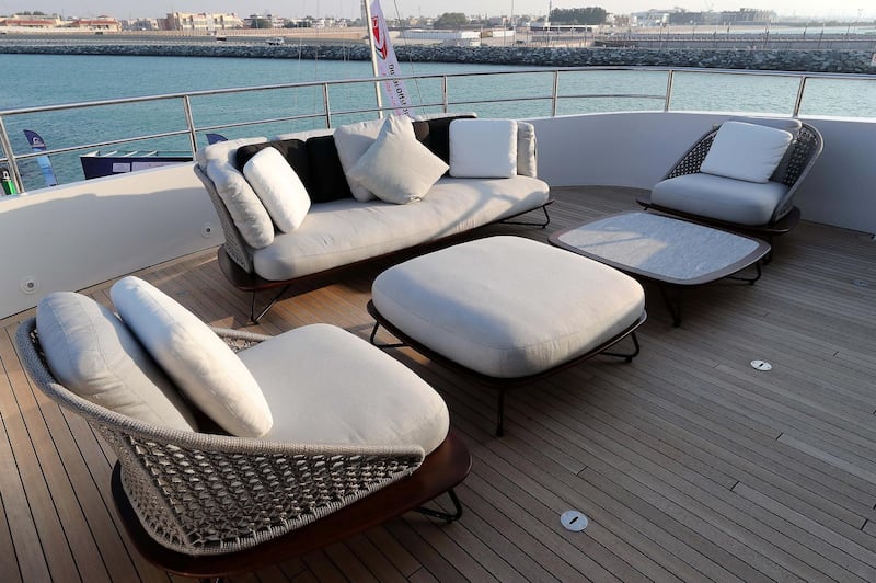 DUBAI , UNITED ARAB EMIRATES , February 26 – 2019 :- Upper deck of the Rocket Yacht which is on display at the Dubai International Boat Show held in Dubai. ( Pawan Singh / The National ) For Lifestyle. Story by Sophie